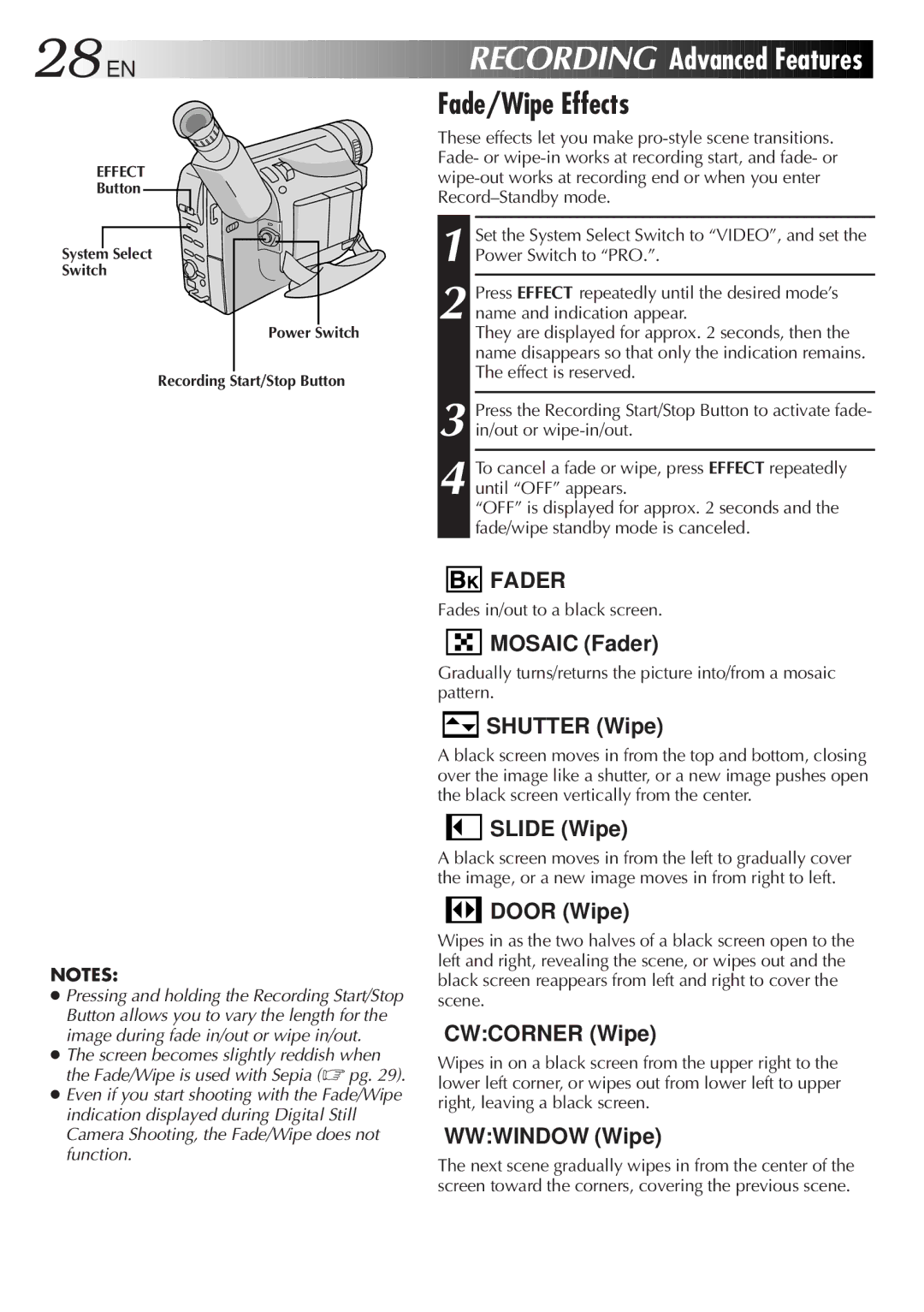 JVC GR-SXM937UM specifications 28 EN, Recording Advanced Features, Fade/Wipe Effects, Fades in/out to a black screen 