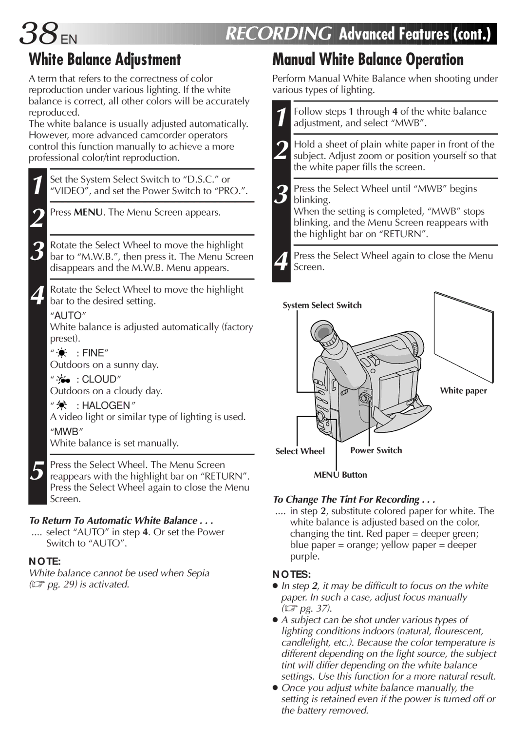 JVC GR-SXM937UM 38 EN, White Balance Adjustment, Manual White Balance Operation, To Return To Automatic White Balance 