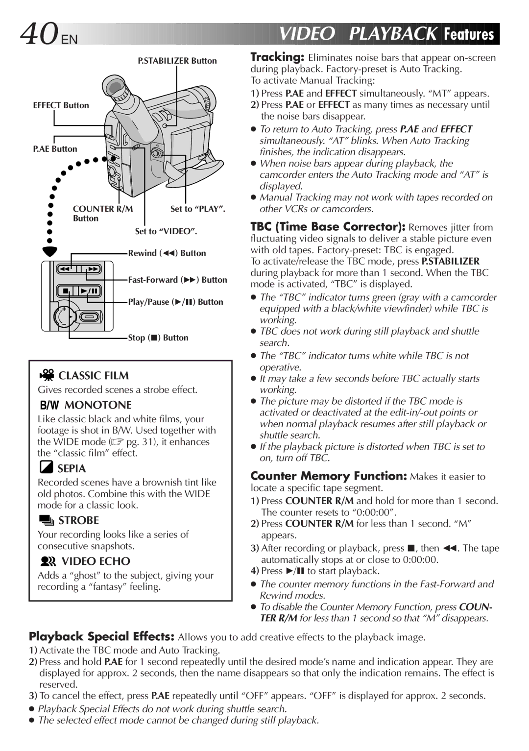 JVC GR-SXM937UM specifications 40 EN, Features, Gives recorded scenes a strobe effect 