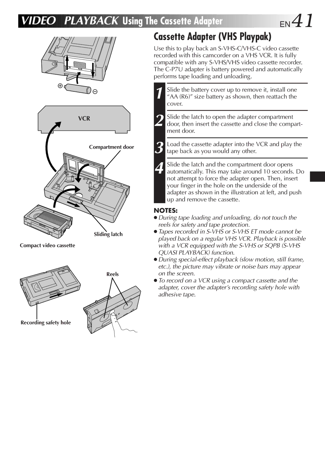 JVC GR-SXM937UM specifications Using The Cassette Adapter EN41, Cassette Adapter VHS Playpak 