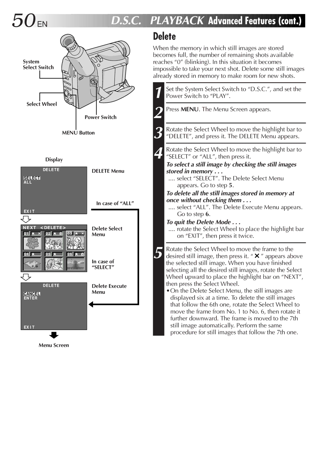 JVC GR-SXM937UM specifications 50 EN, To quit the Delete Mode 