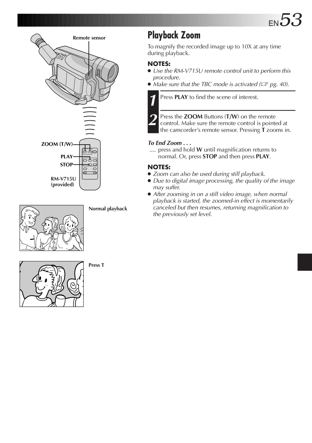 JVC GR-SXM937UM specifications Playback Zoom, Press Play to find the scene of interest, To End Zoom 