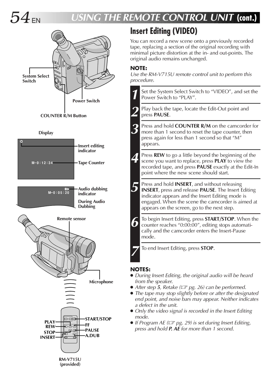 JVC GR-SXM937UM specifications 54 EN, Insert Editing Video 