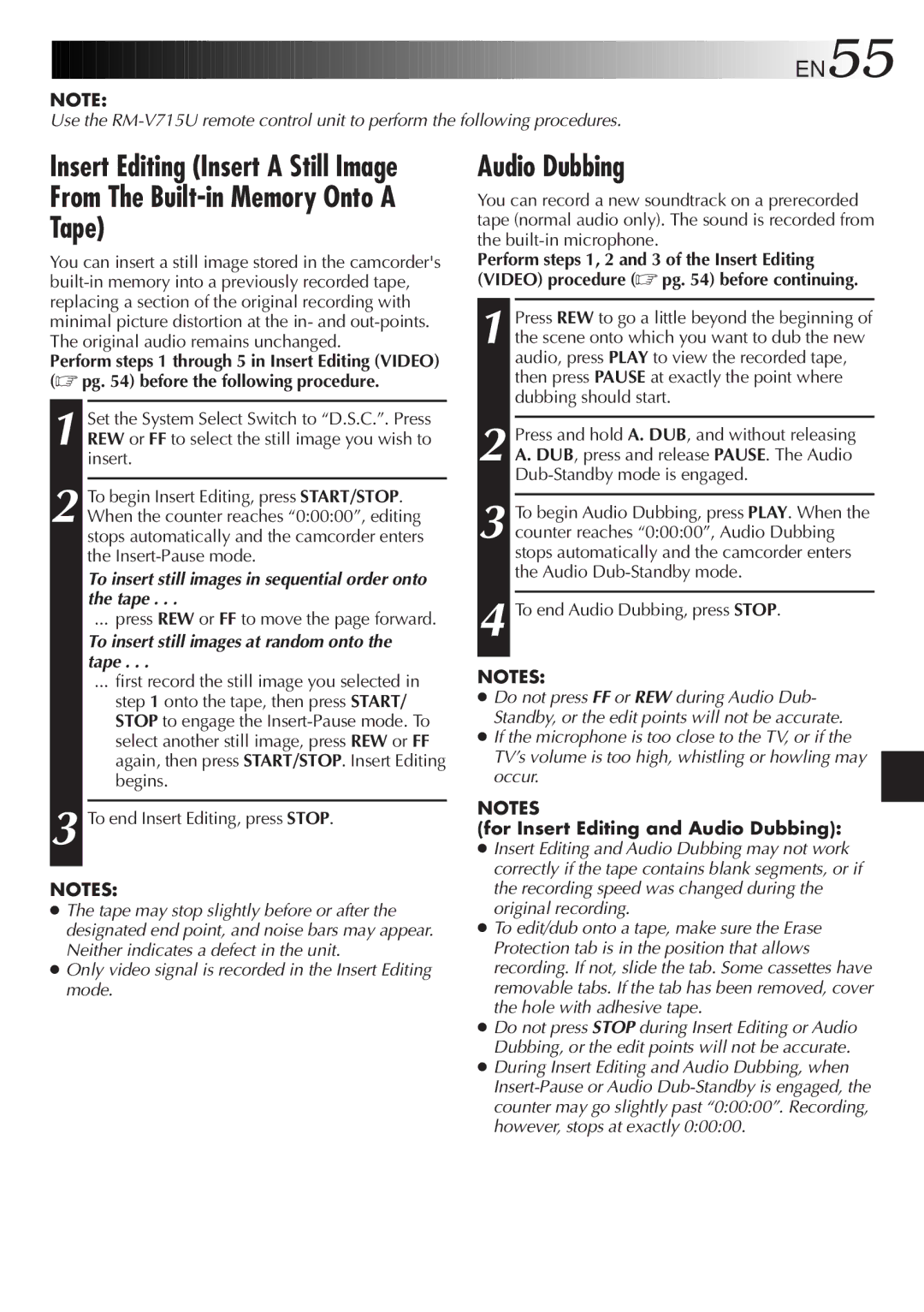 JVC GR-SXM937UM specifications Tape, Audio Dubbing, To insert still images in sequential order onto the tape 