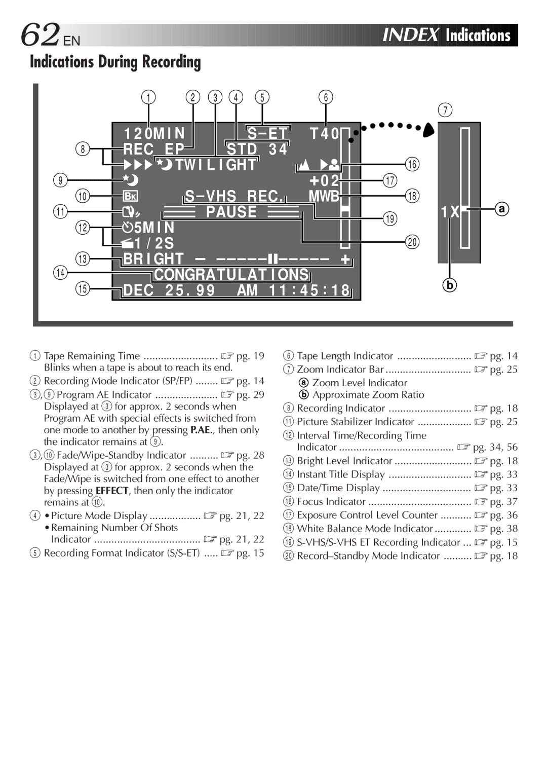 JVC GR-SXM937UM specifications 62 EN, Indications During Recording 