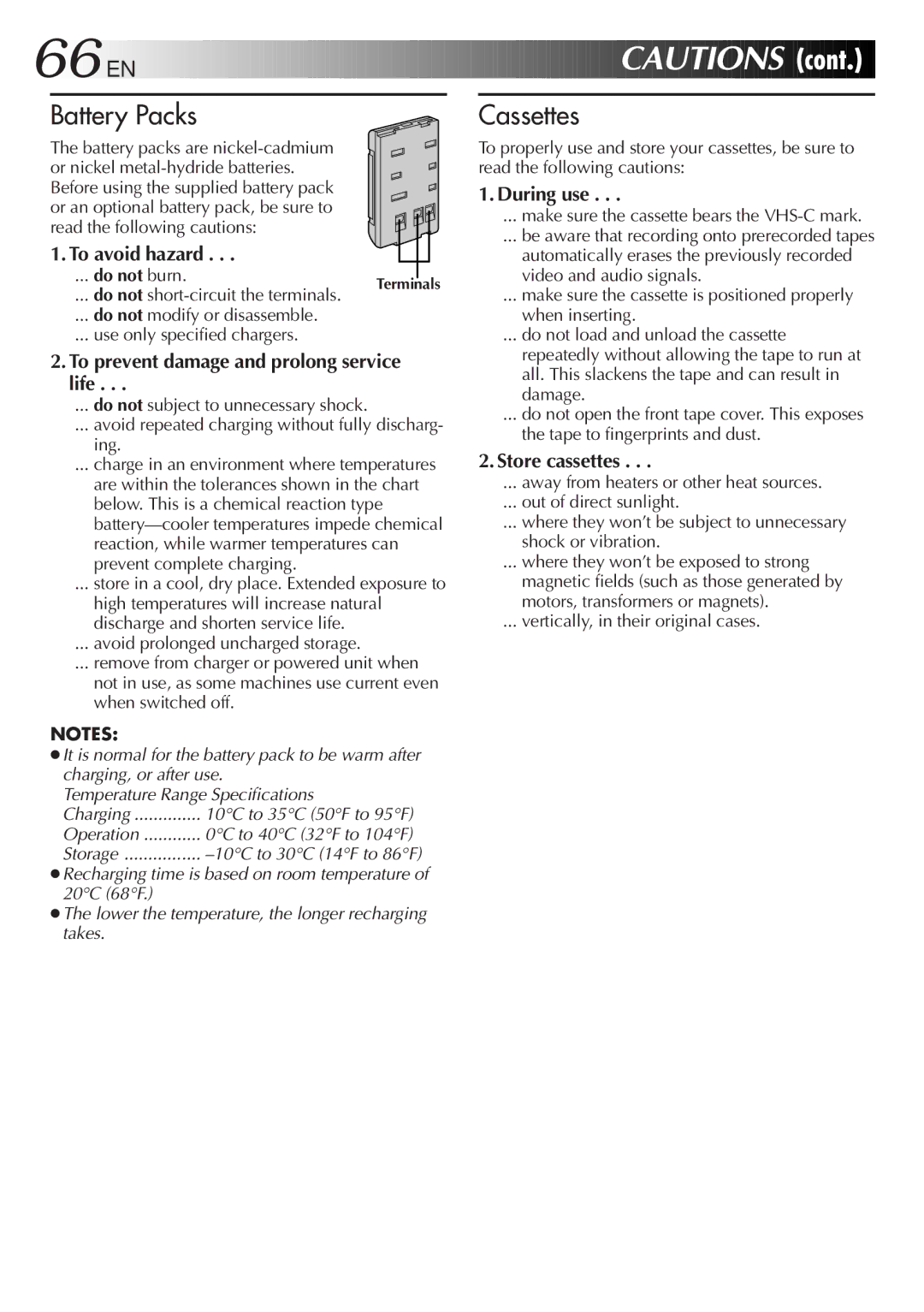 JVC GR-SXM937UM 66 EN, To avoid hazard, To prevent damage and prolong service life, During use, Store cassettes 