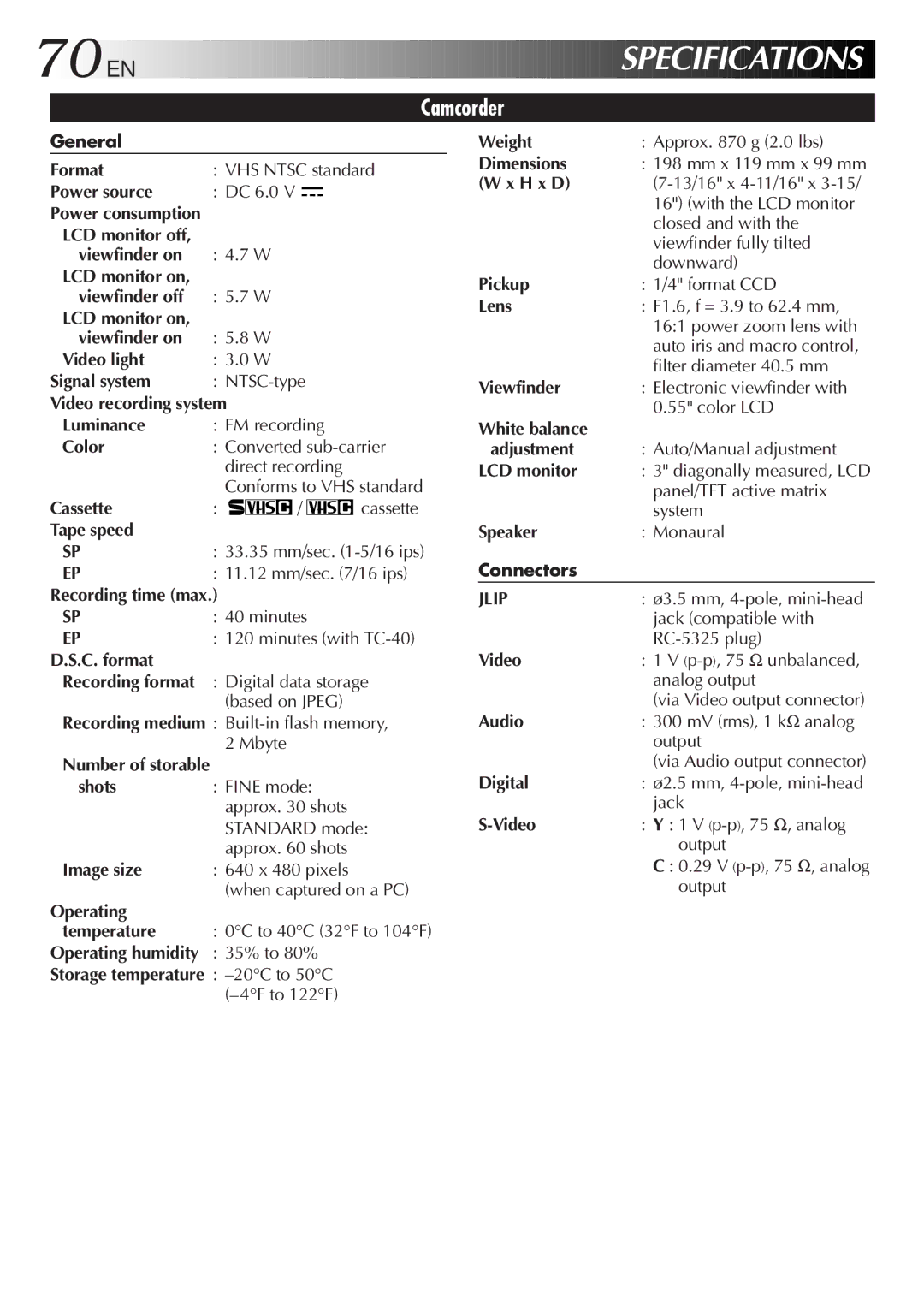 JVC GR-SXM937UM specifications 70 EN 