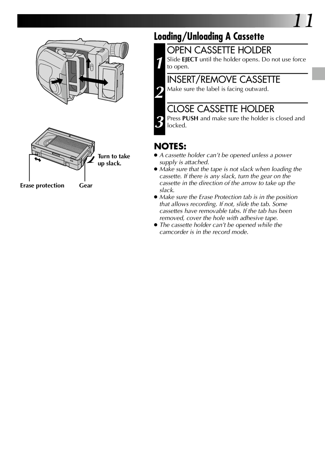 JVC GR-SZ5000 Loading/Unloading a Cassette, Open Cassette Holder, INSERT/REMOVE Cassette, Close Cassette Holder 