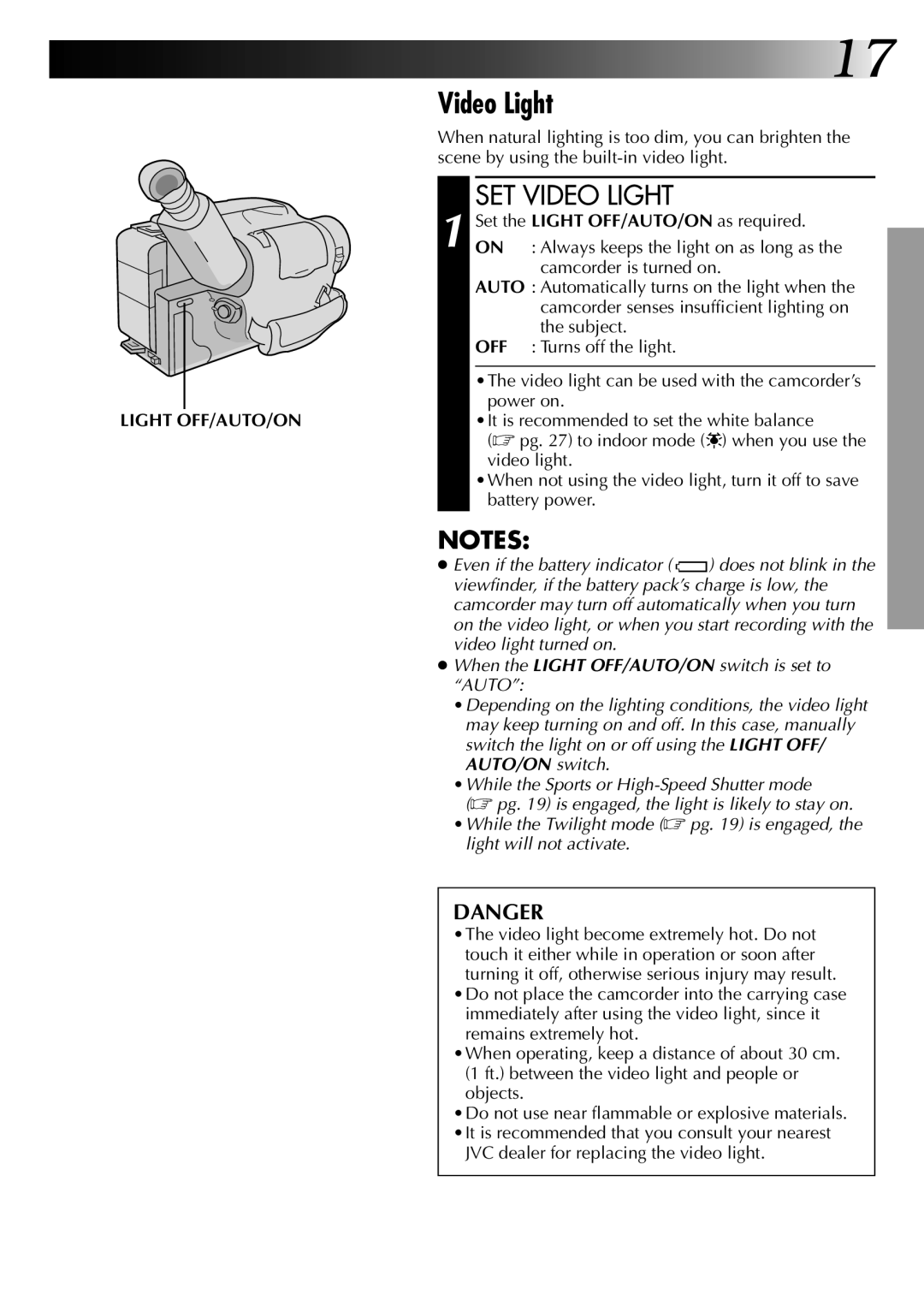 JVC GR-SZ5000 specifications SET Video Light, JVC dealer for replacing the video light 