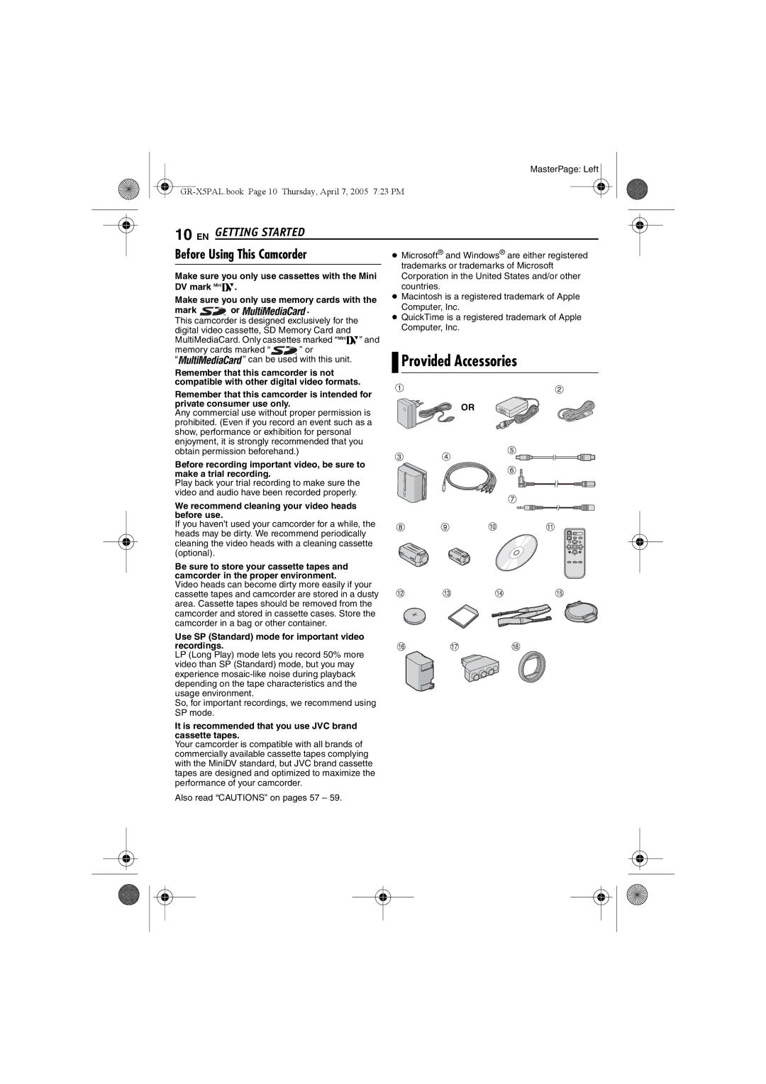 JVC GR-X5EE, GR-X5EK manual Provided Accessories, Before Using This Camcorder 