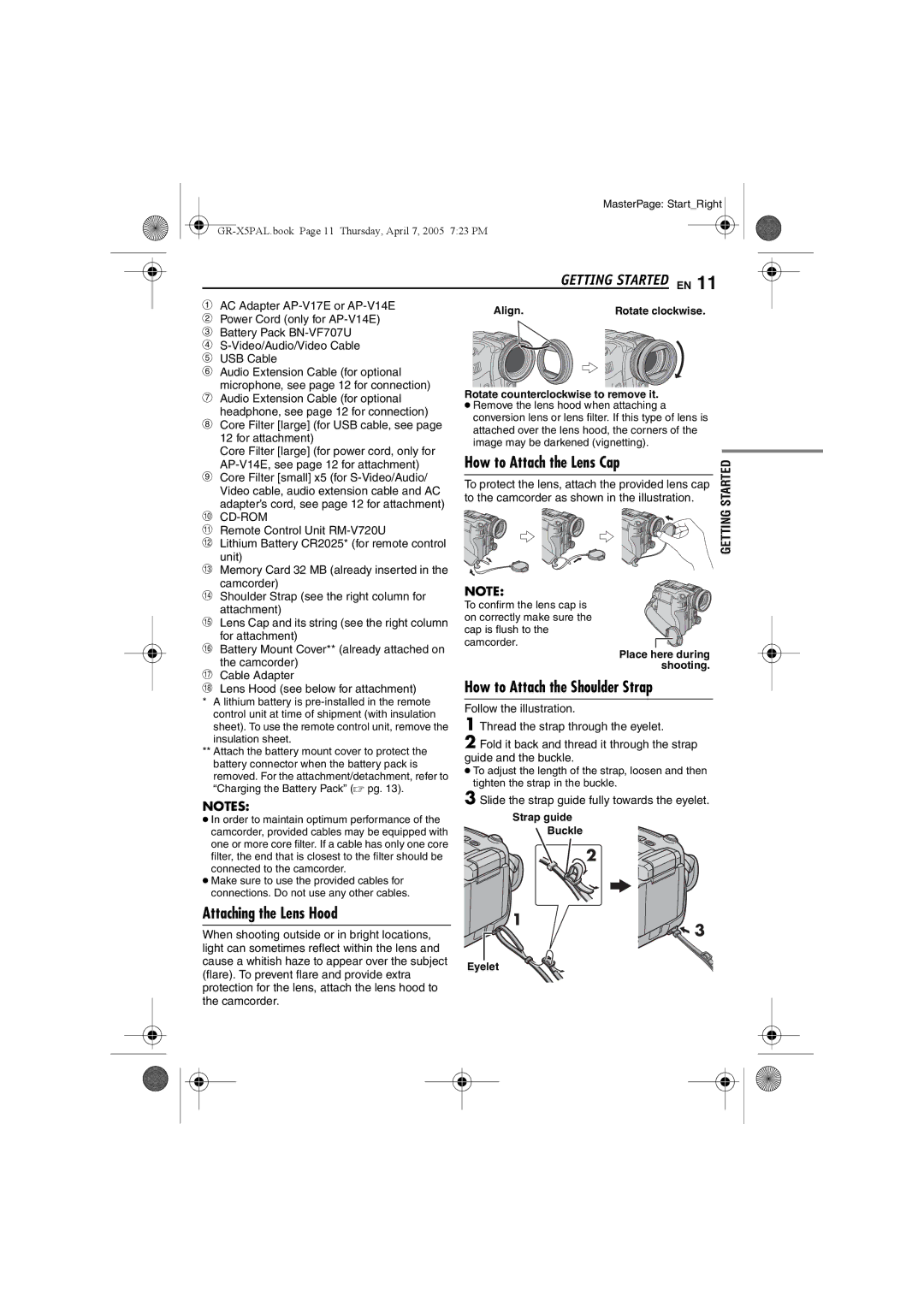 JVC GR-X5EK, GR-X5EE manual How to Attach the Lens Cap, Attaching the Lens Hood 