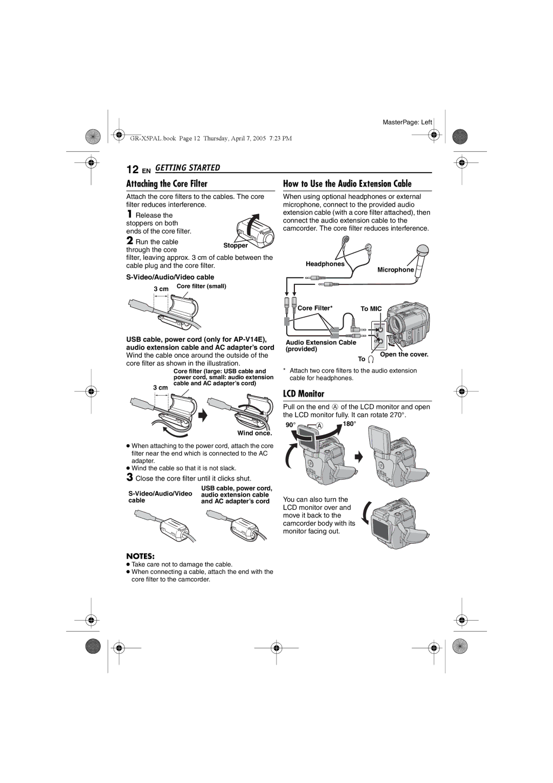 JVC GR-X5EE, GR-X5EK manual LCD Monitor, Run the cable, Through the core, Video/Audio/Video cable 