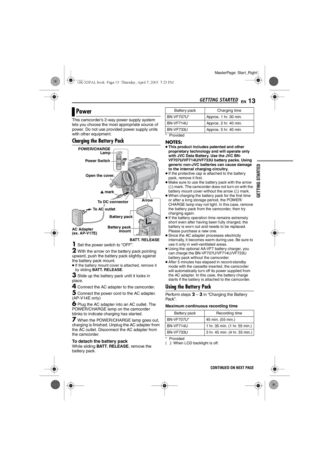 JVC GR-X5EK, GR-X5EE manual Power, Charging the Battery Pack, Using the Battery Pack, Maximum continuous recording time 