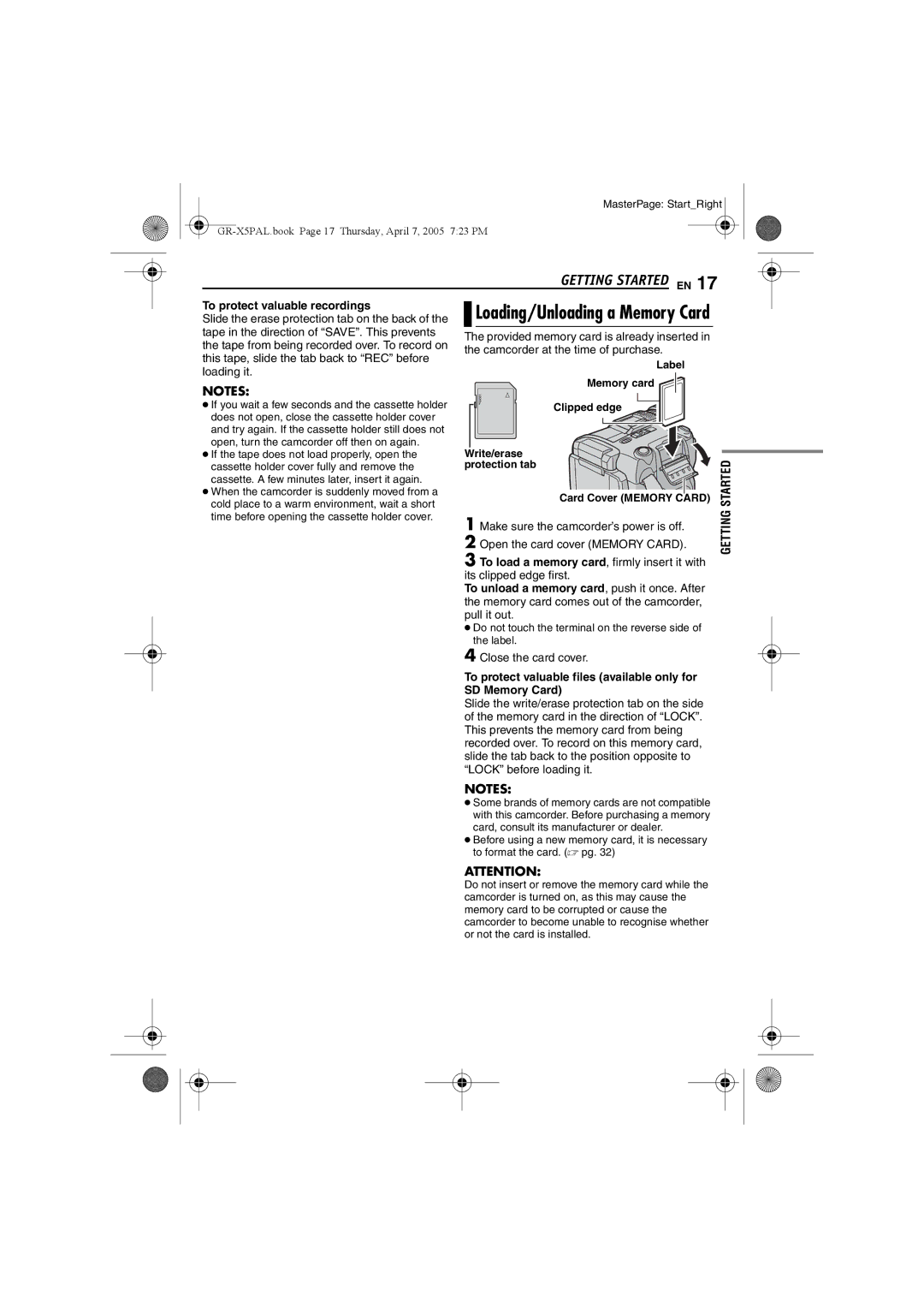 JVC GR-X5EK, GR-X5EE manual To protect valuable recordings, To protect valuable files available only for SD Memory Card 