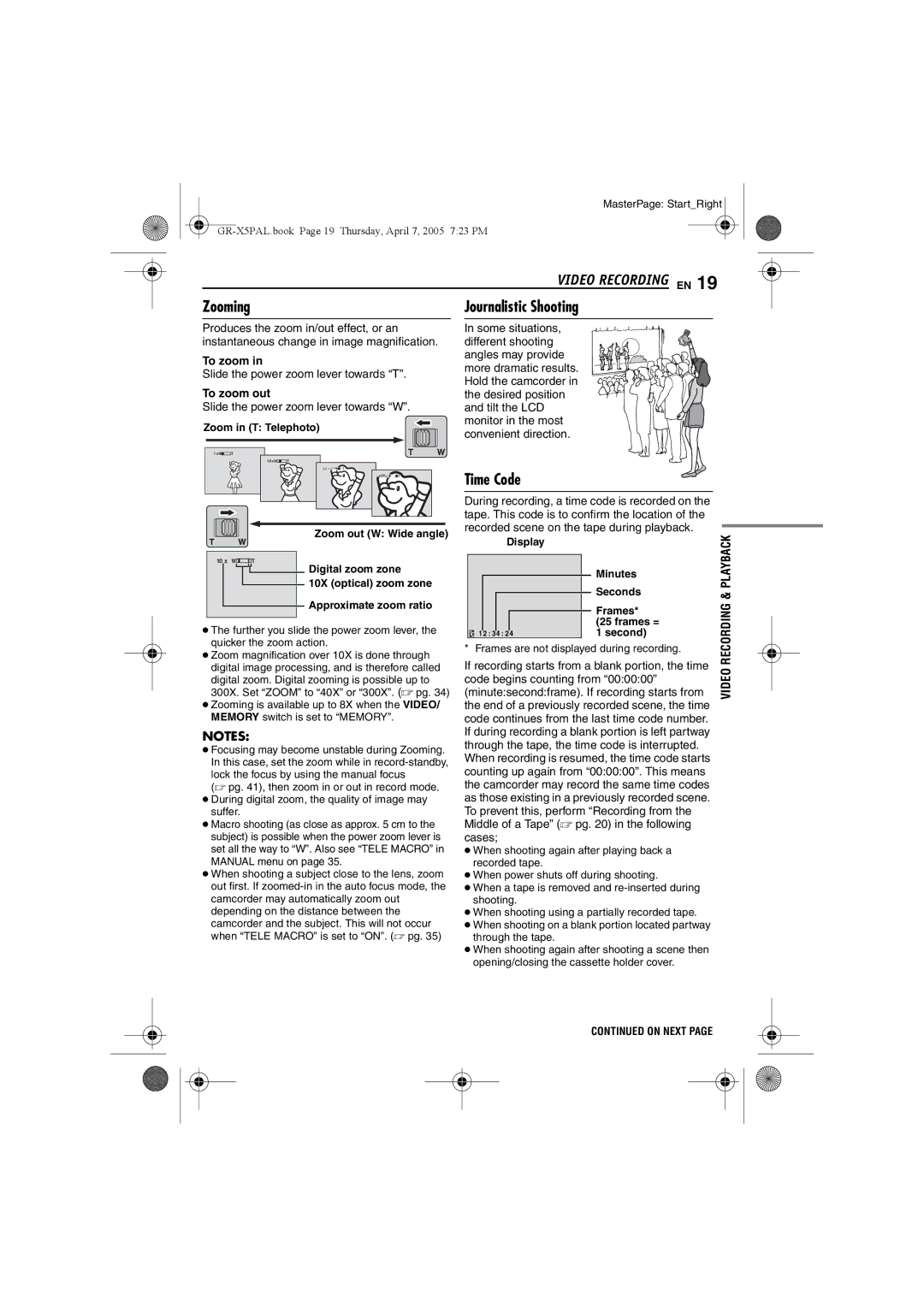 JVC GR-X5EK, GR-X5EE manual Video Recording EN, Zooming, Time Code, To zoom out 