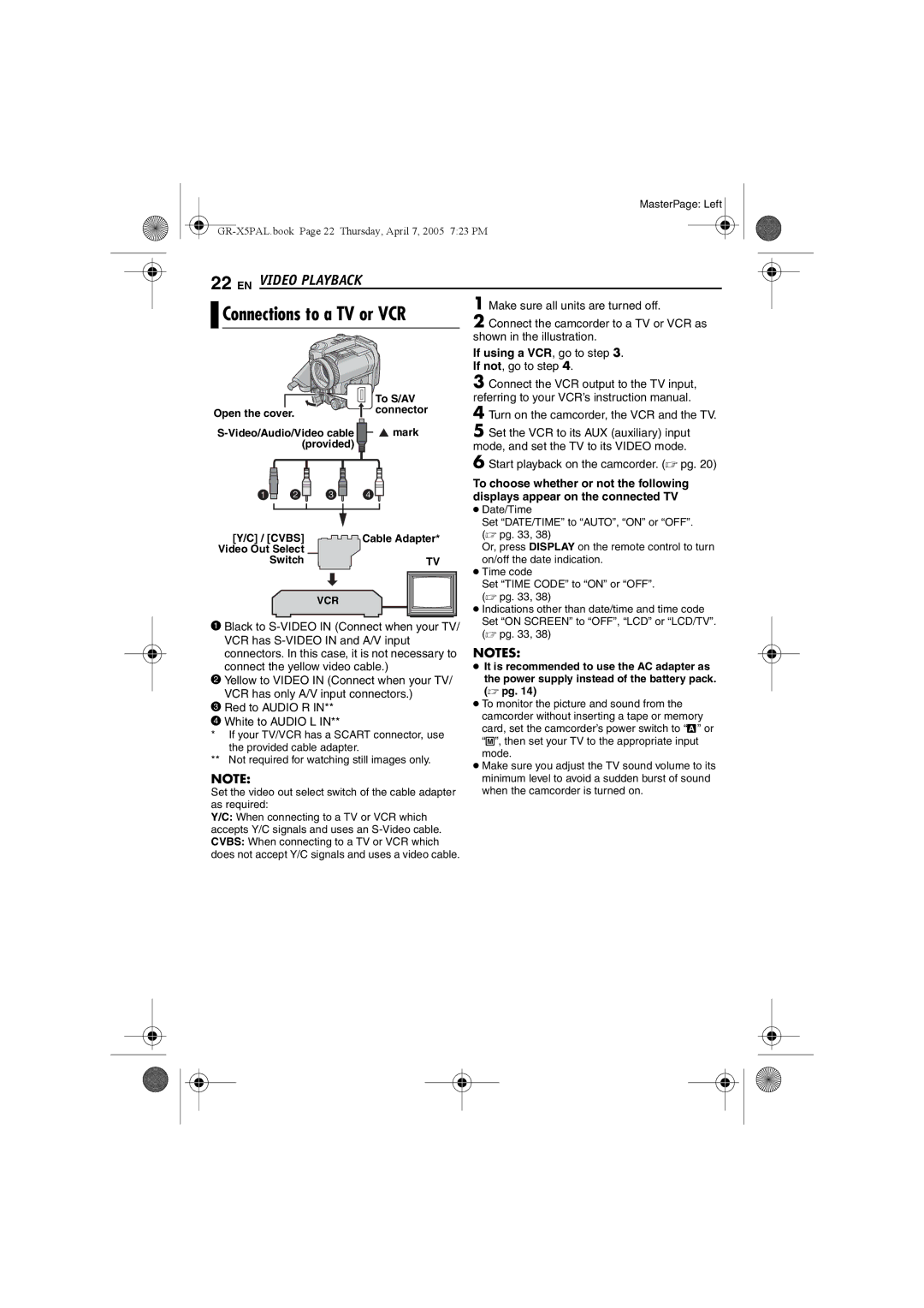 JVC GR-X5EE, GR-X5EK manual Connections to a TV or VCR, EN Video Playback, If using a VCR, go to . If not, go to step 