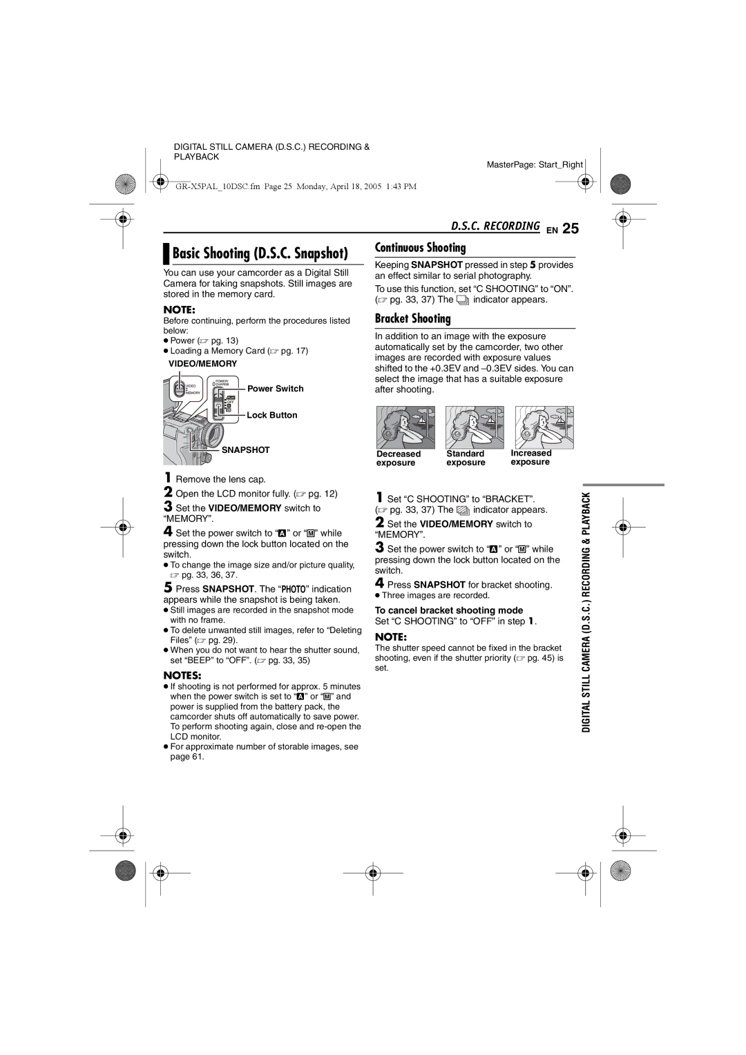 JVC GR-X5EK, GR-X5EE manual C. Recording EN, Basic Shooting D.S.C. Snapshot, To cancel bracket shooting mode 