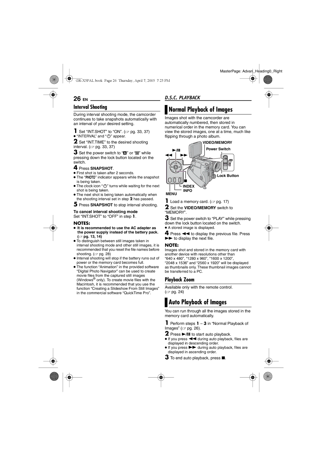 JVC GR-X5EE, GR-X5EK manual Normal Playback of Images, Auto Playback of Images, Interval Shooting, C. Playback 