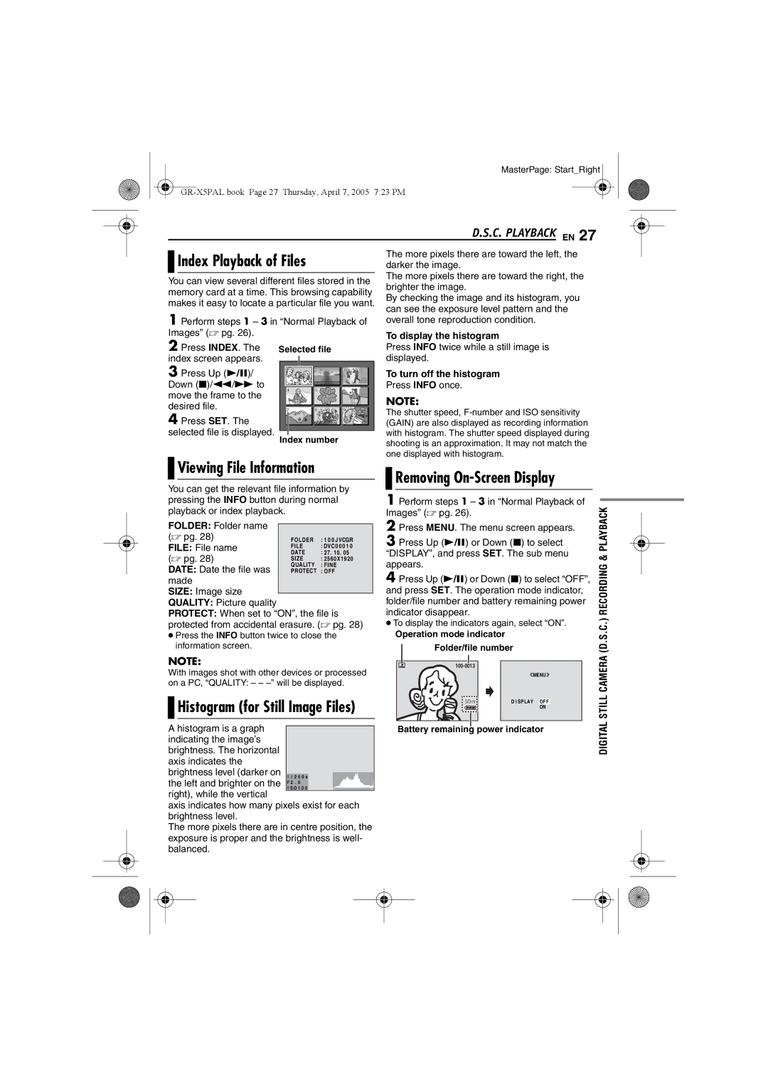 JVC GR-X5EK, GR-X5EE manual Index Playback of Files, C. Playback EN, To display the histogram, To turn off the histogram 