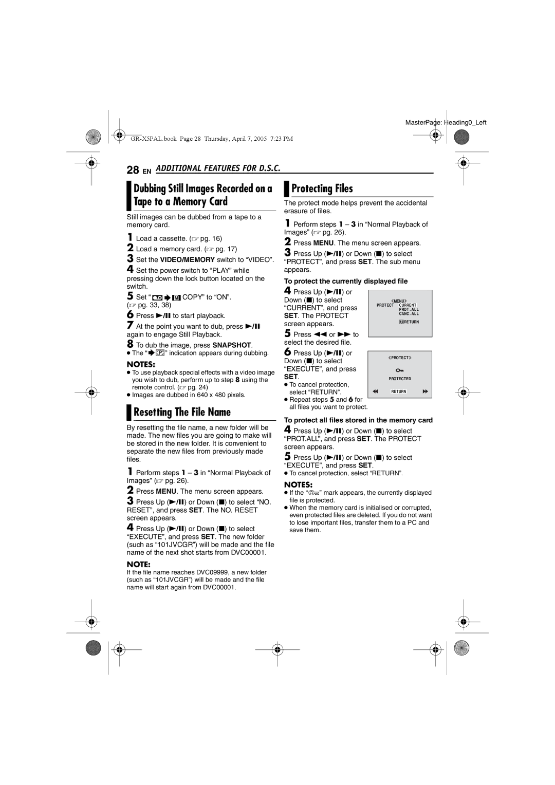 JVC GR-X5EE manual Protecting Files Tape to a Memory Card, Resetting The File Name, To protect the currently displayed file 