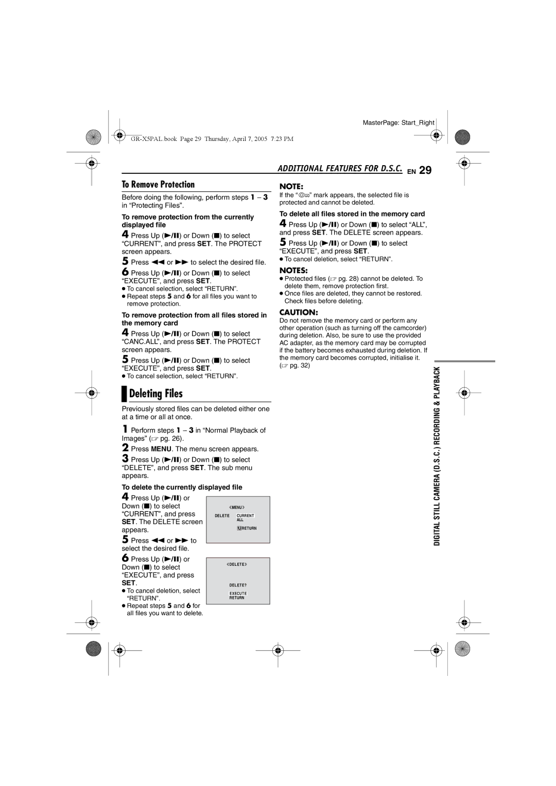 JVC GR-X5EK, GR-X5EE manual Deleting Files, Additional Features for D.S.C. EN, To Remove Protection, Camera RECORDINGD.S.C 