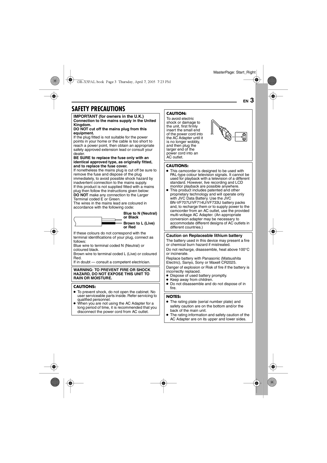 JVC GR-X5EK, GR-X5EE manual Important for owners in the U.K, Blue to N Neutral or Black Brown to L Live or Red 