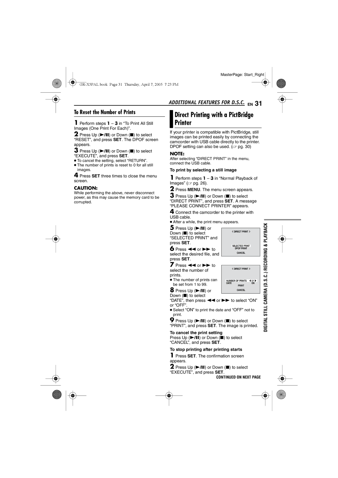 JVC GR-X5EK, GR-X5EE manual Printer, To print by selecting a still image, To cancel the print setting 