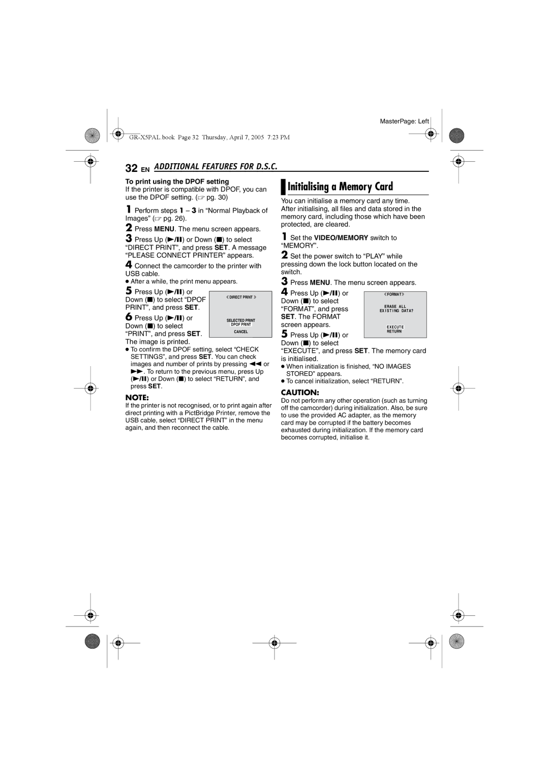 JVC GR-X5EE, GR-X5EK manual Initialising a Memory Card, To print using the Dpof setting 