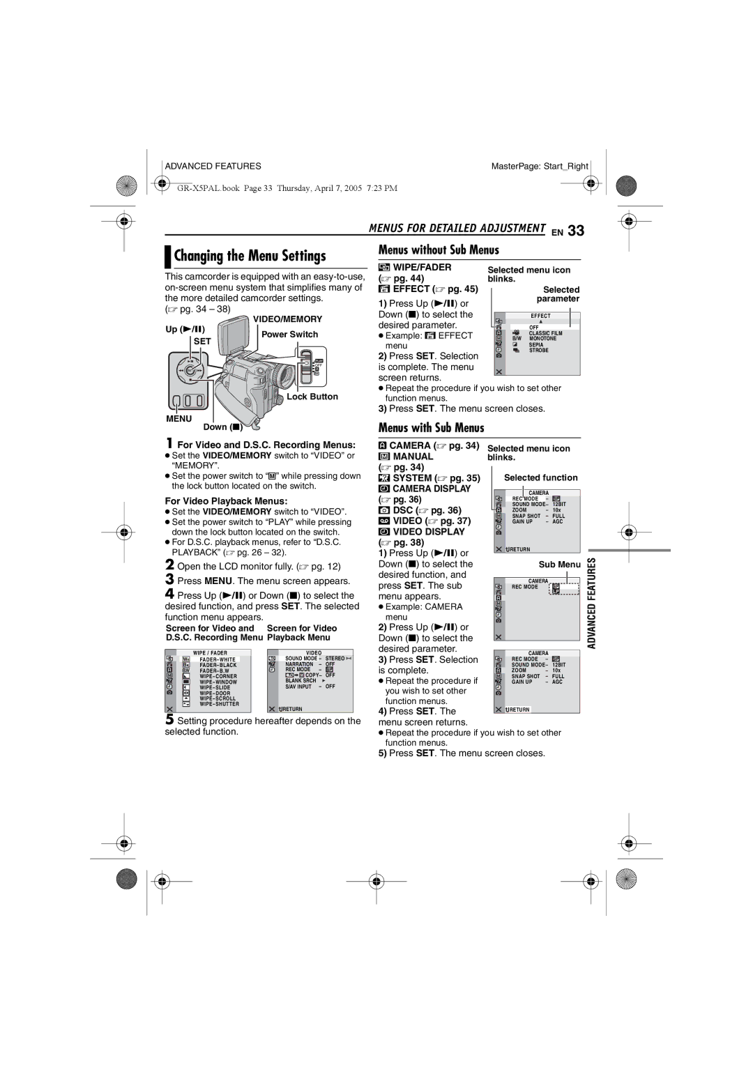 JVC GR-X5EK, GR-X5EE manual Changing the Menu Settings, Menus for Detailed Adjustment EN, Menus without Sub Menus 