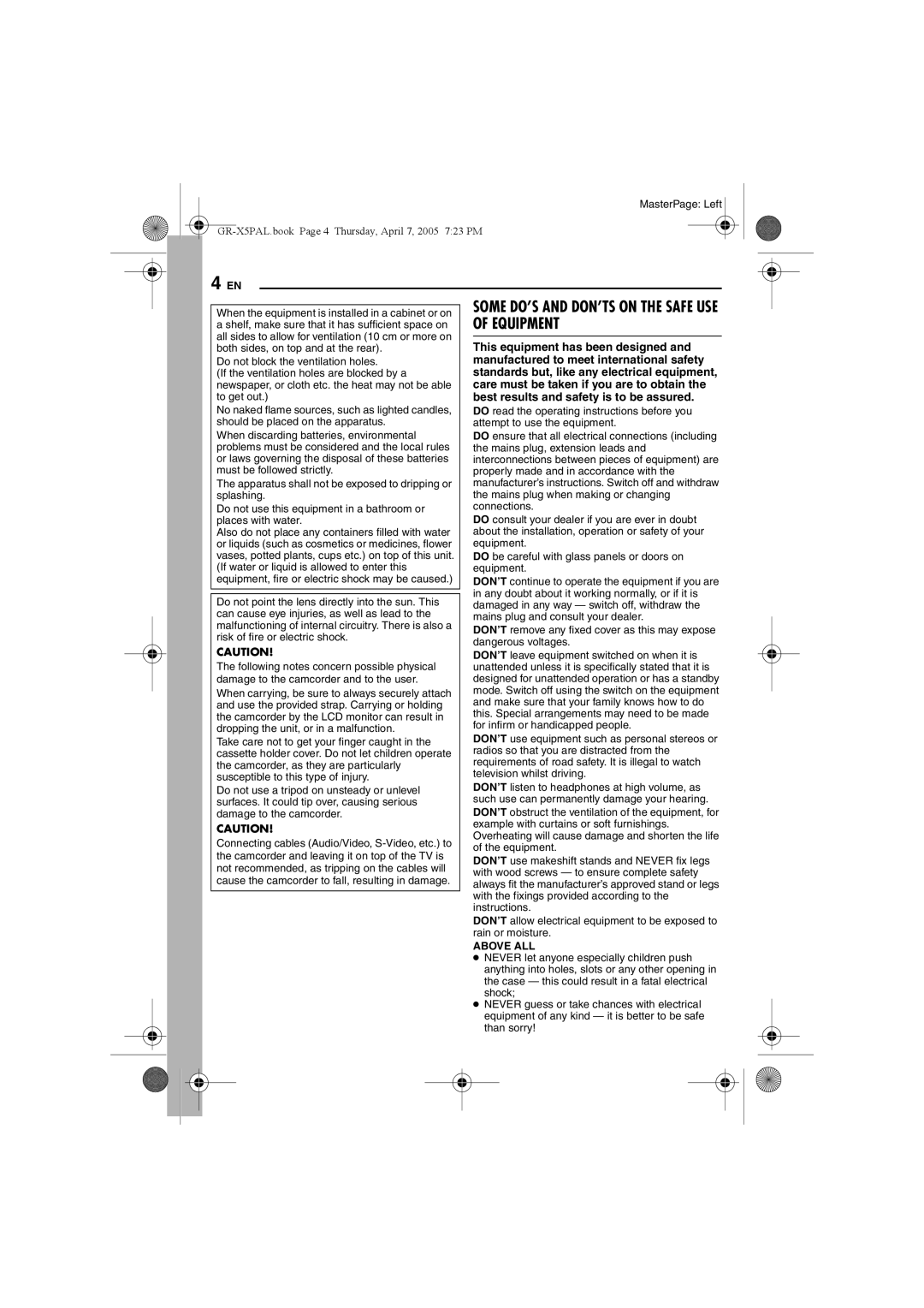 JVC GR-X5EE, GR-X5EK manual Some DO’S and DON’TS on the Safe USE of Equipment 