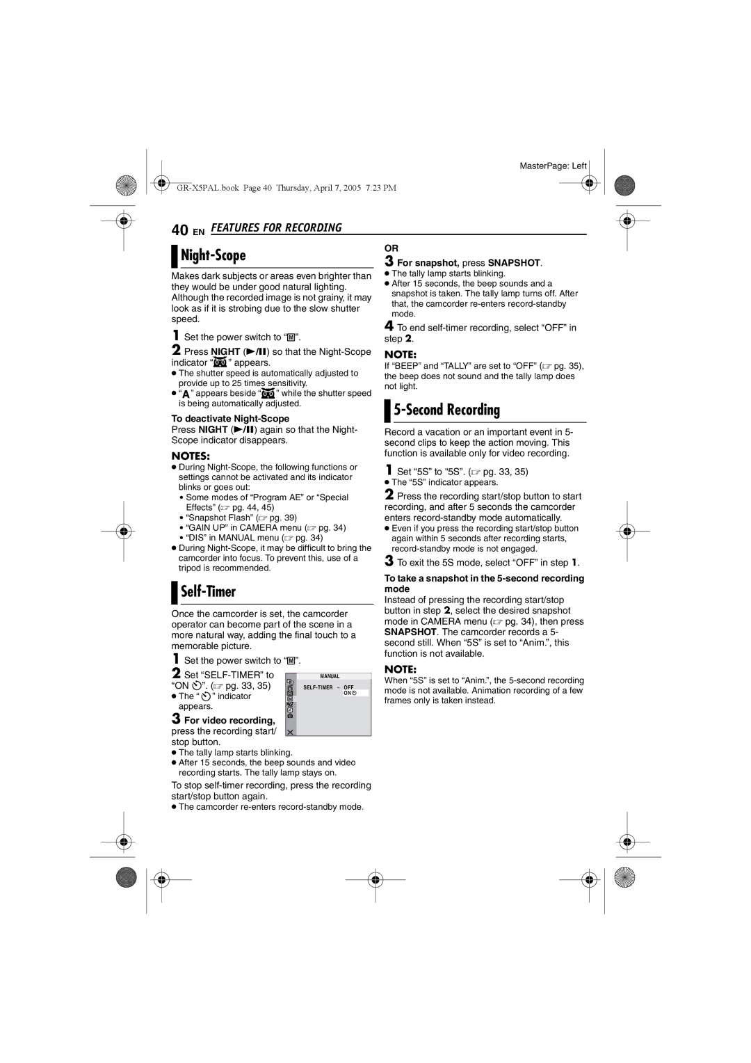 JVC GR-X5EE, GR-X5EK manual Night-Scope, Second Recording, Self-Timer, EN Features for Recording 