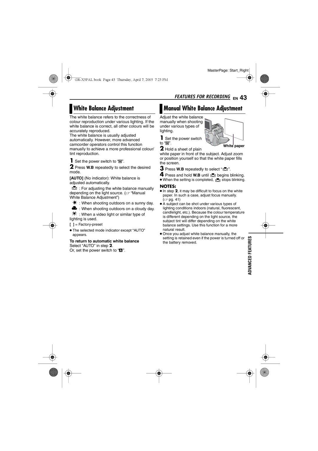 JVC GR-X5EK, GR-X5EE manual White Balance Adjustment, To return to automatic white balance 