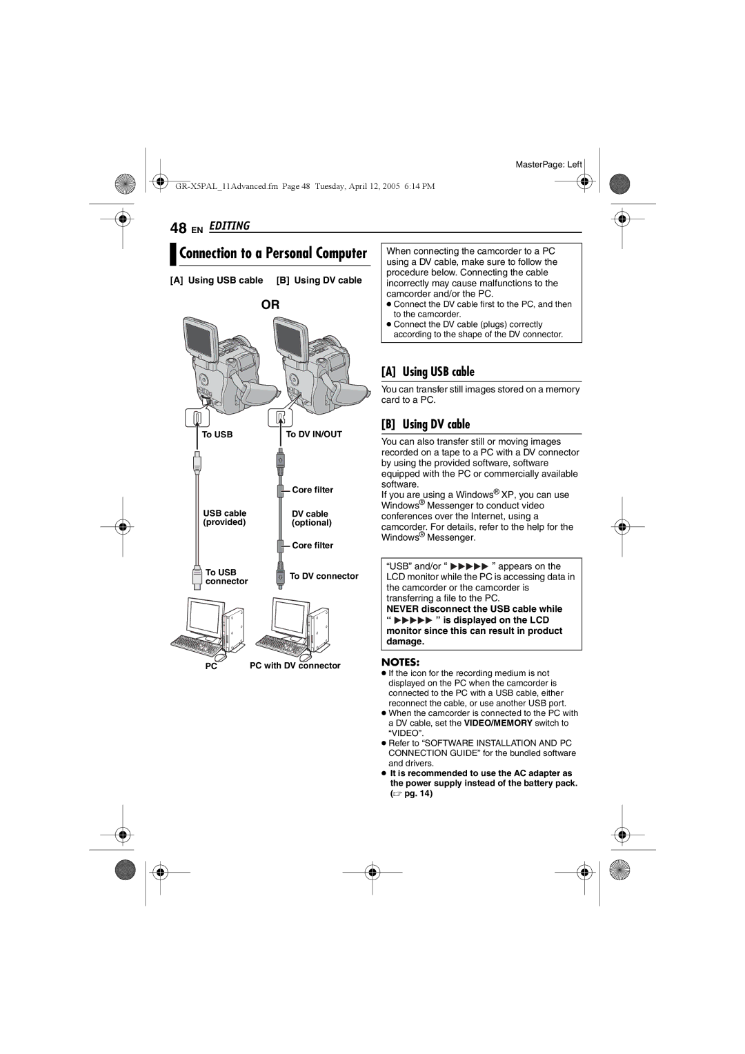 JVC GR-X5EE, GR-X5EK manual EN Editing, Using USB cable B Using DV cable 