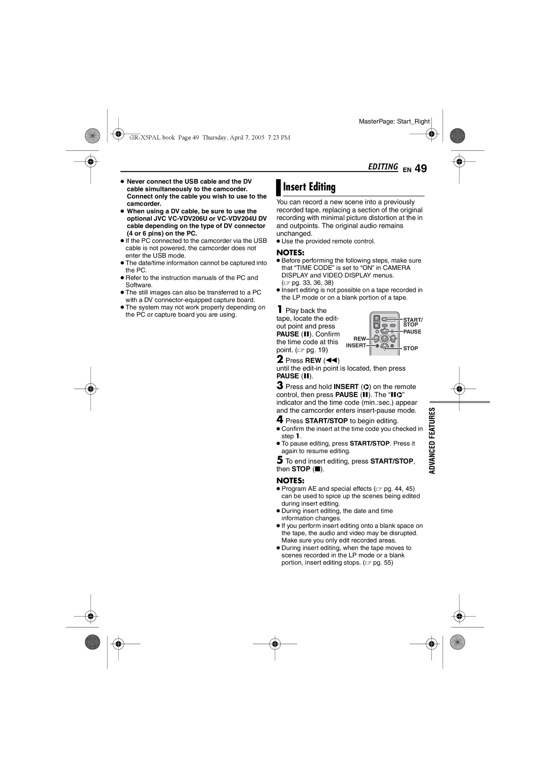 JVC GR-X5EK, GR-X5EE manual Insert Editing, To end insert editing, press START/STOP, then Stop 