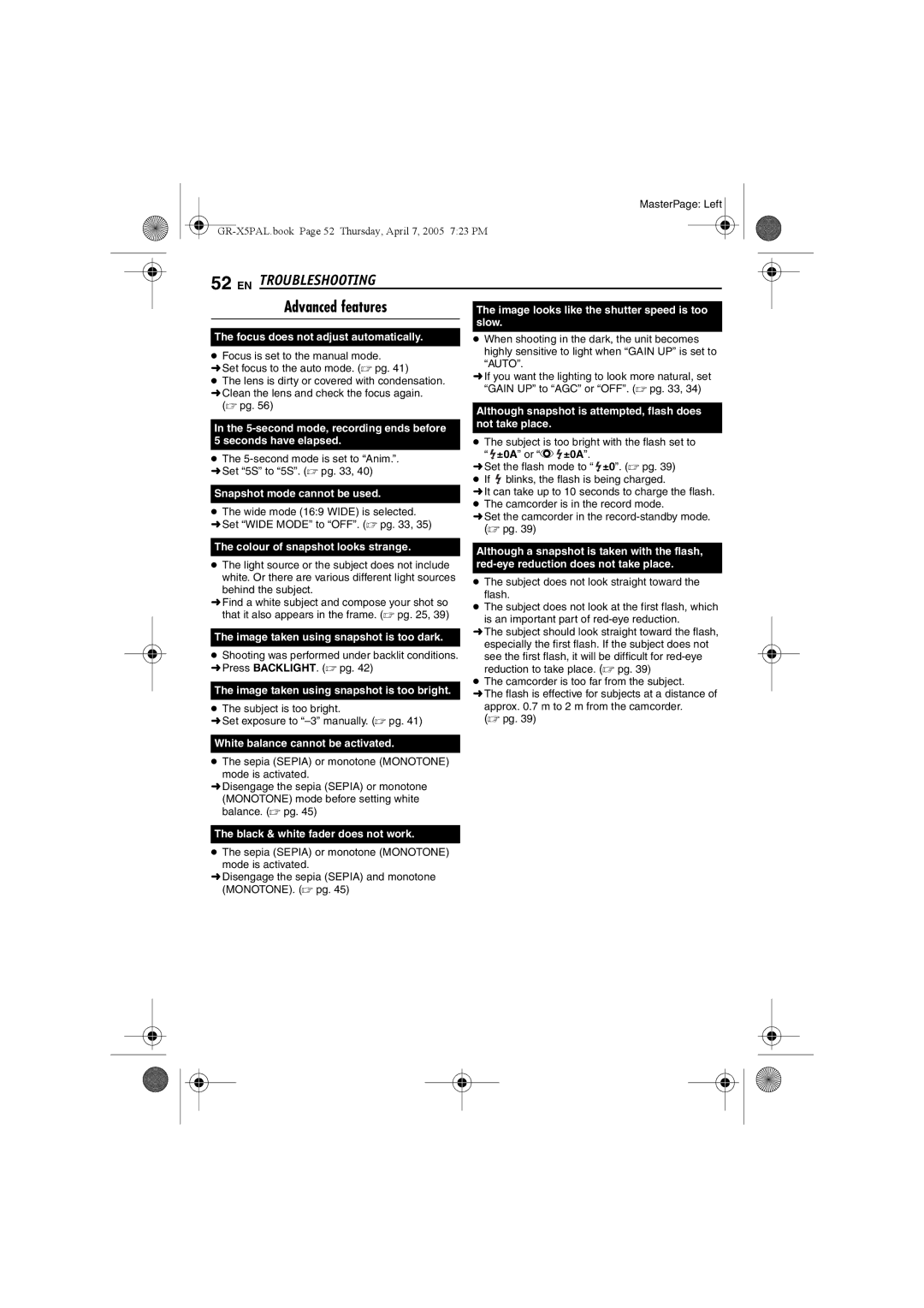 JVC GR-X5EE, GR-X5EK manual EN Troubleshooting, Advanced features 