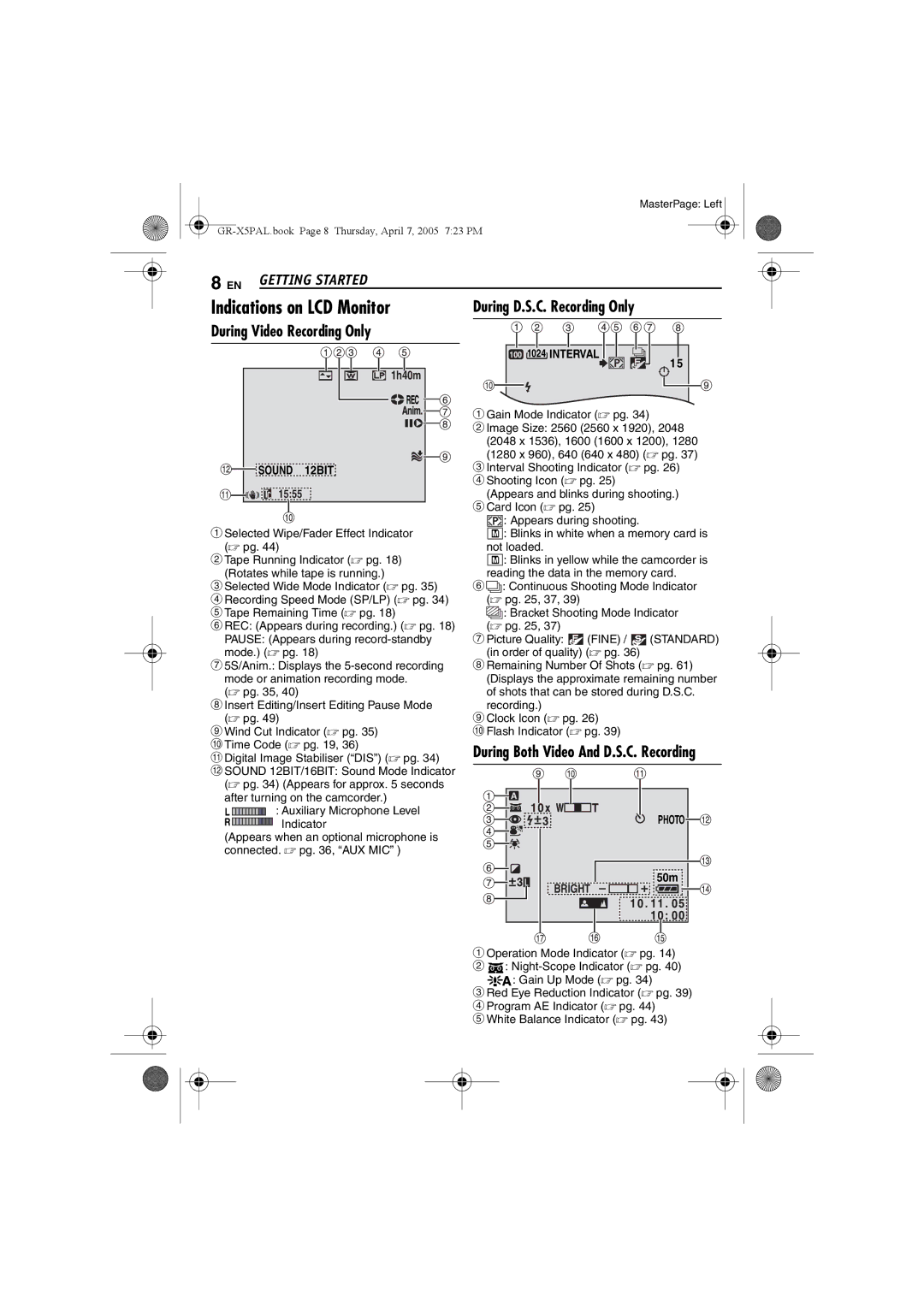 JVC GR-X5EE manual Indications on LCD Monitor, Getting Started, During Video Recording Only, During D.S.C. Recording Only 