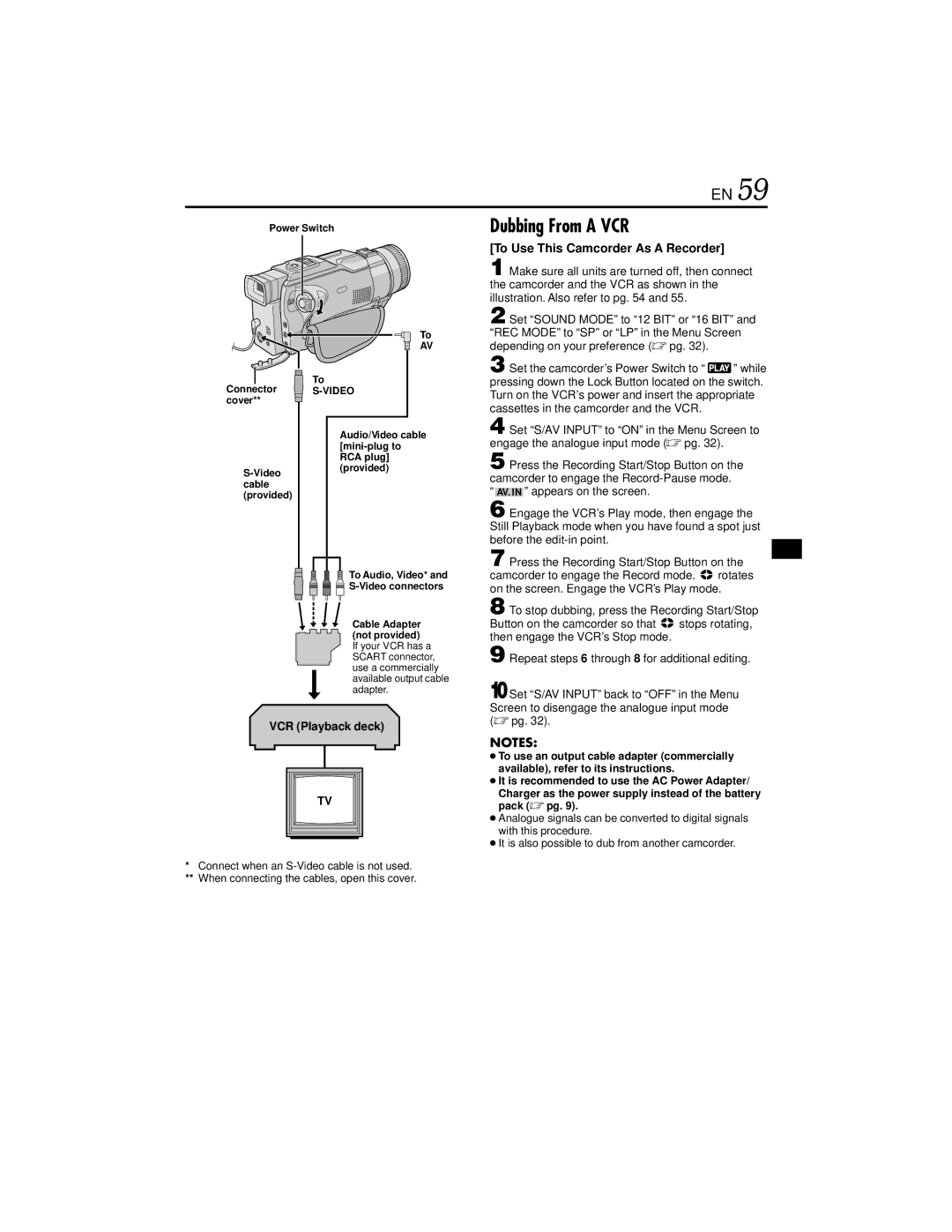 JVC GR specifications Dubbing From a VCR 