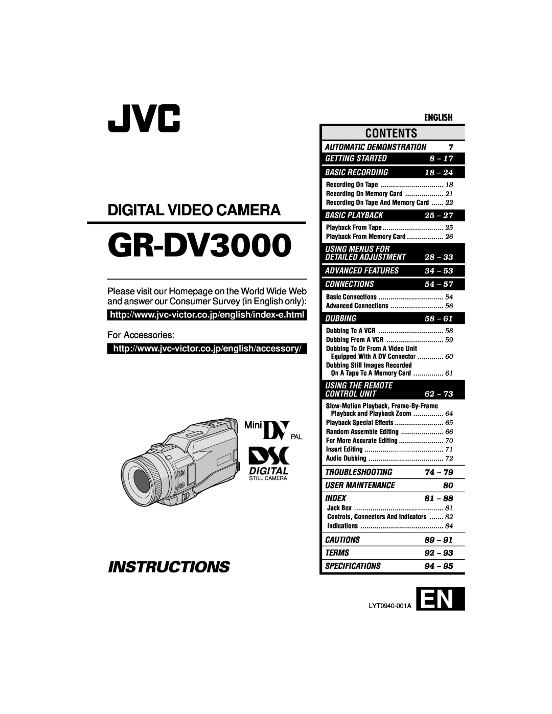 JVC specifications For Accessories, GR-DV3000, Digital Video Camera, Instructions, Contents, English, Troubleshooting 