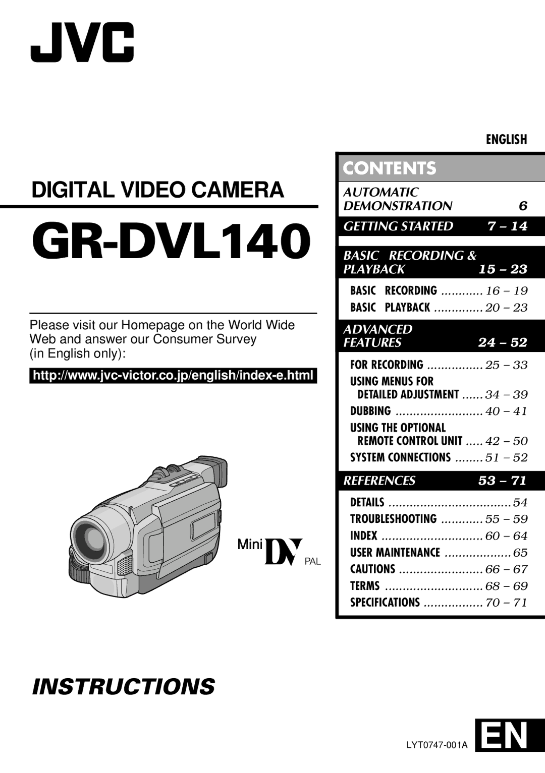 JVC GRDVL140 specifications GR-DVL140 