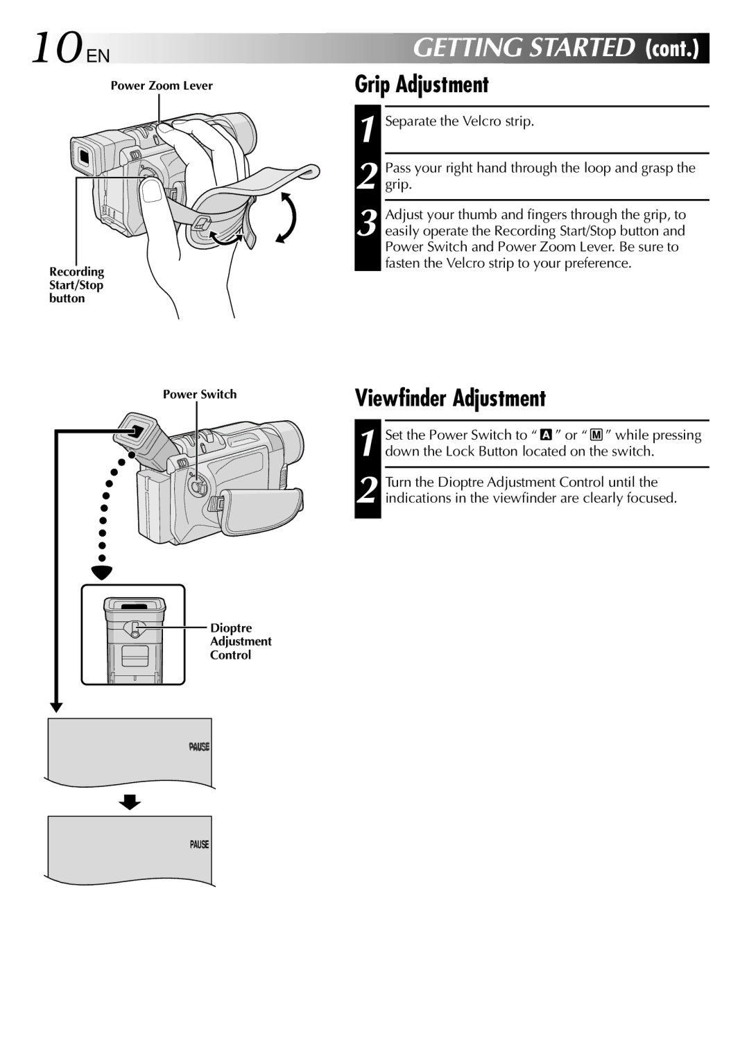 JVC GRDVL140 specifications 10 EN, Grip Adjustment, Viewfinder Adjustment 