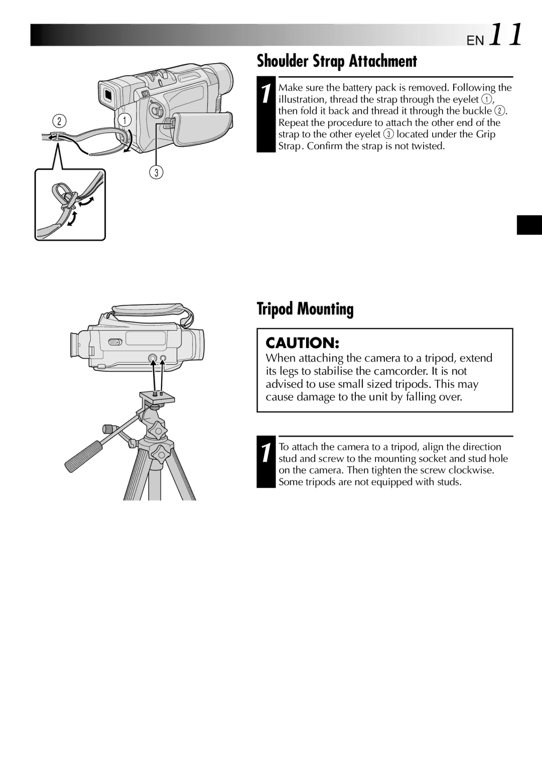 JVC GRDVL140 specifications Shoulder Strap Attachment, Tripod Mounting 