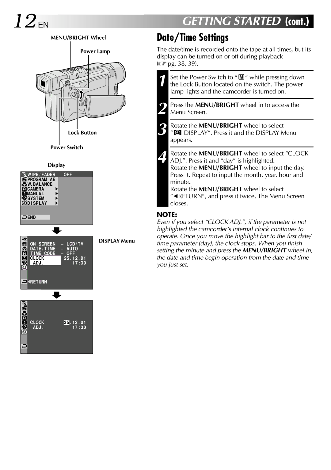 JVC GRDVL140 specifications 12 EN, Date/Time Settings 