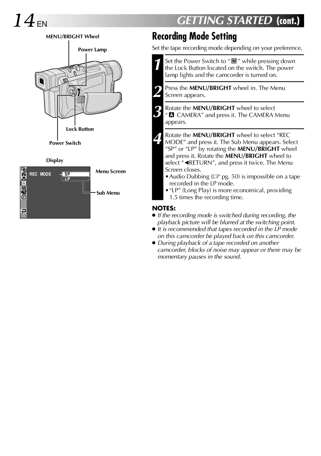 JVC GRDVL140 specifications 14 EN, Recording Mode Setting, Set the tape recording mode depending on your preference 