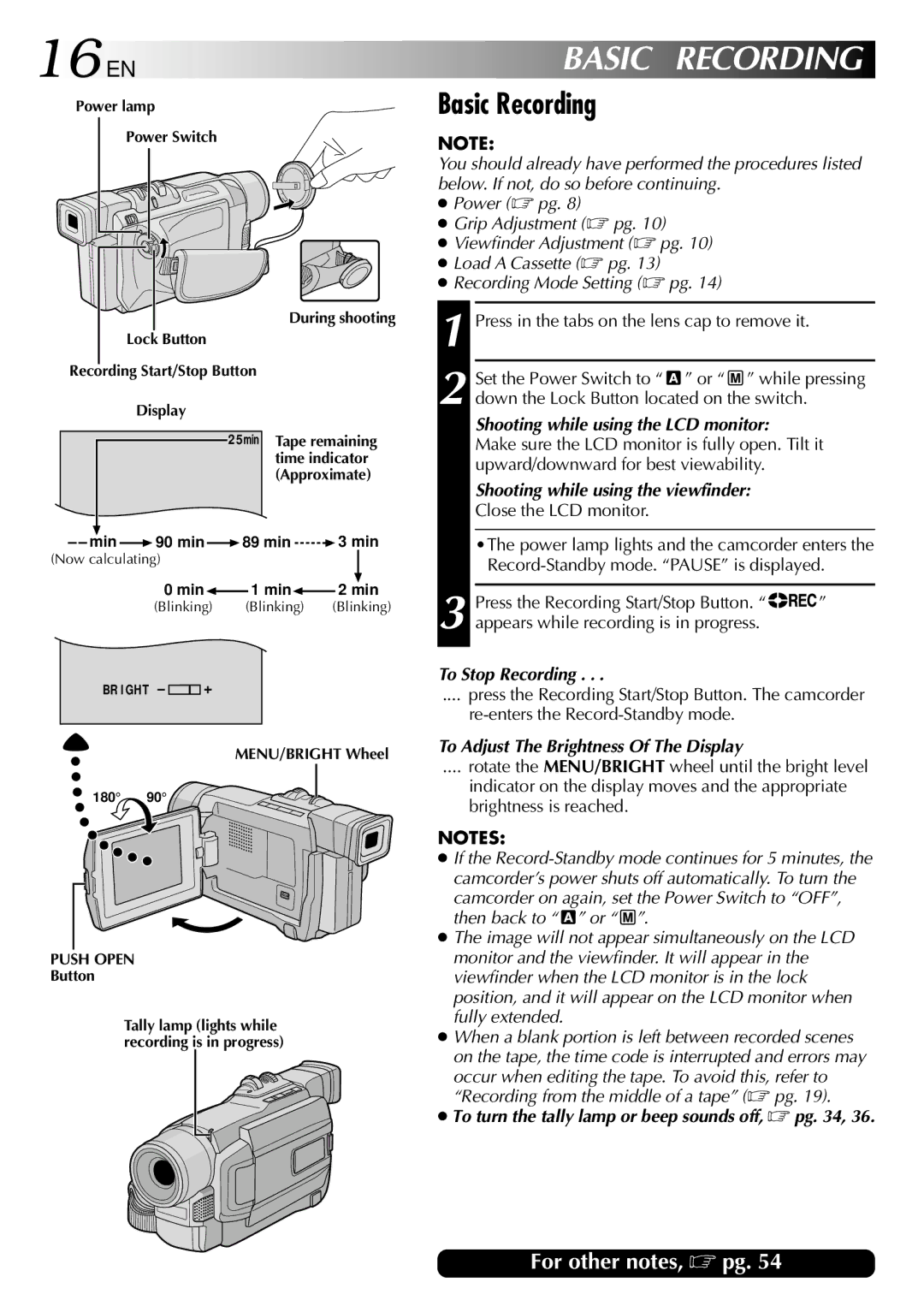 JVC GRDVL140 specifications 16 EN, Basic Recording 