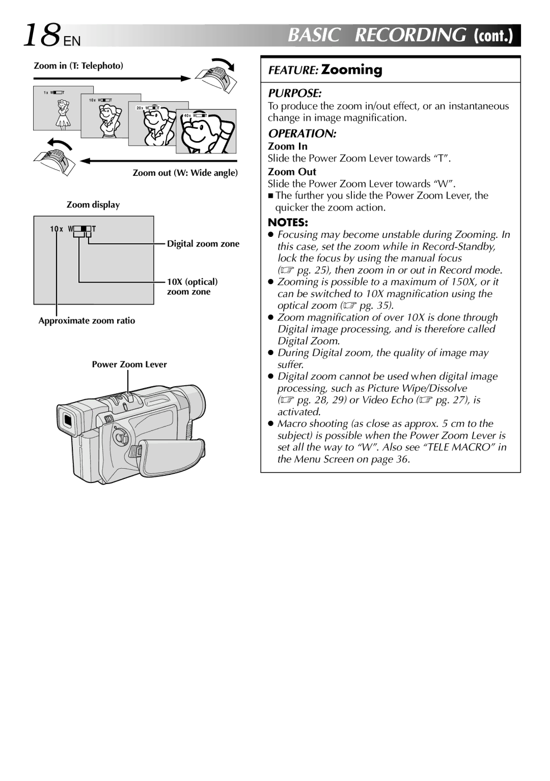 JVC GRDVL140 specifications 18 EN, Slide the Power Zoom Lever towards T, Zoom Out 