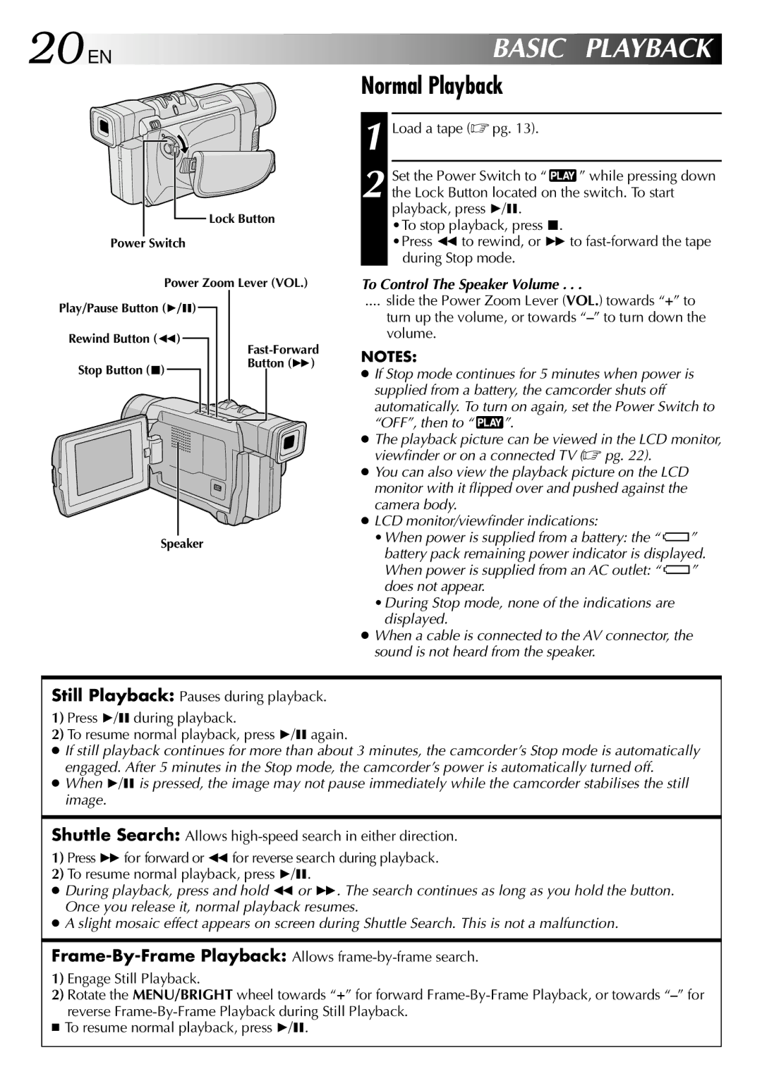 JVC GRDVL140 20 EN, Basic, Normal Playback, Load a tape  pg Set the Power Switch to, To Control The Speaker Volume 