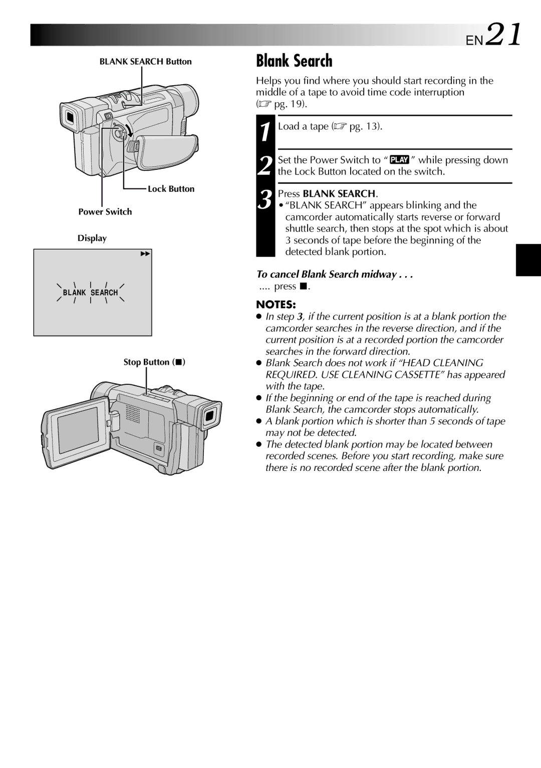 JVC GRDVL140 specifications Press Blank Search, To cancel Blank Search midway 