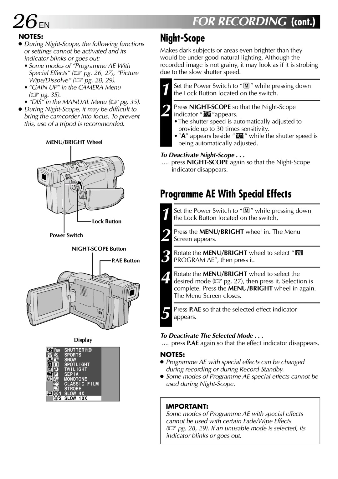 JVC GRDVL140 26 EN, Programme AE With Special Effects, To Deactivate Night-Scope, To Deactivate The Selected Mode 