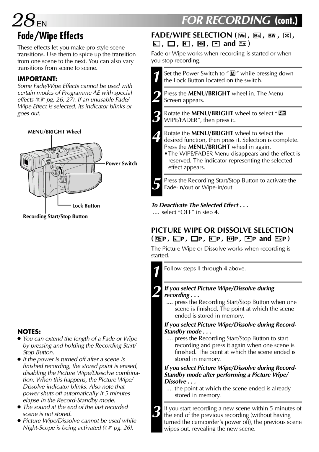JVC GRDVL140 specifications 28 EN, Fade/Wipe Effects, FADE/WIPE Selection, Picture Wipe or Dissolve Selection 