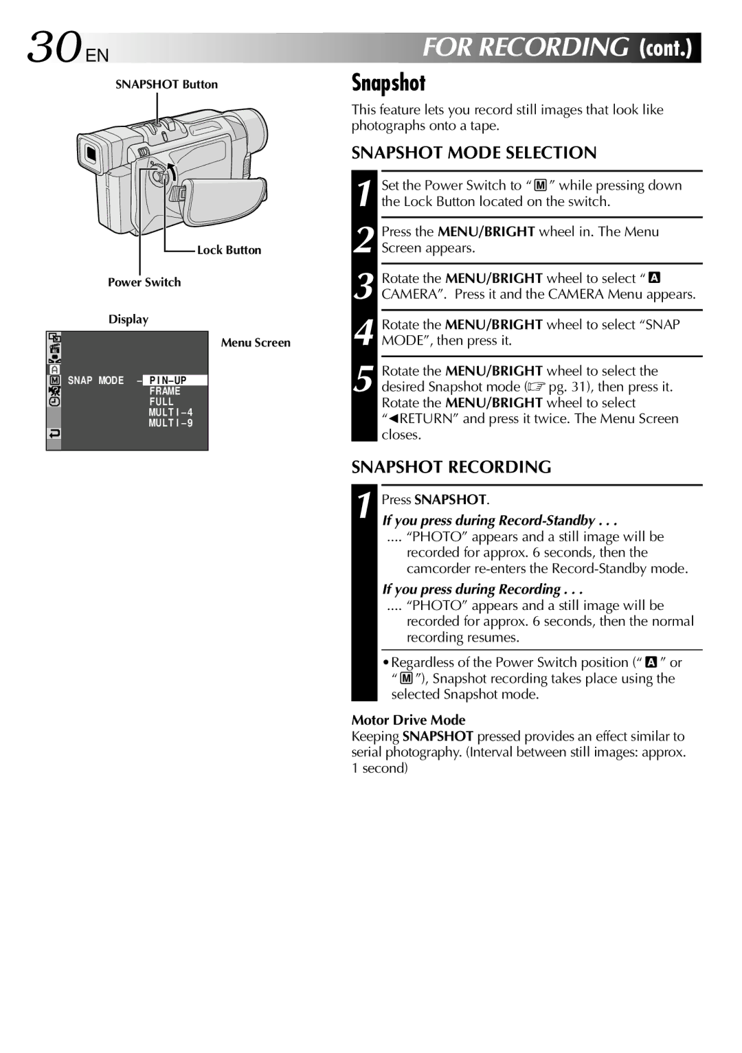 JVC GRDVL140 specifications 30 EN, Snapshot Mode Selection, Snapshot Recording 